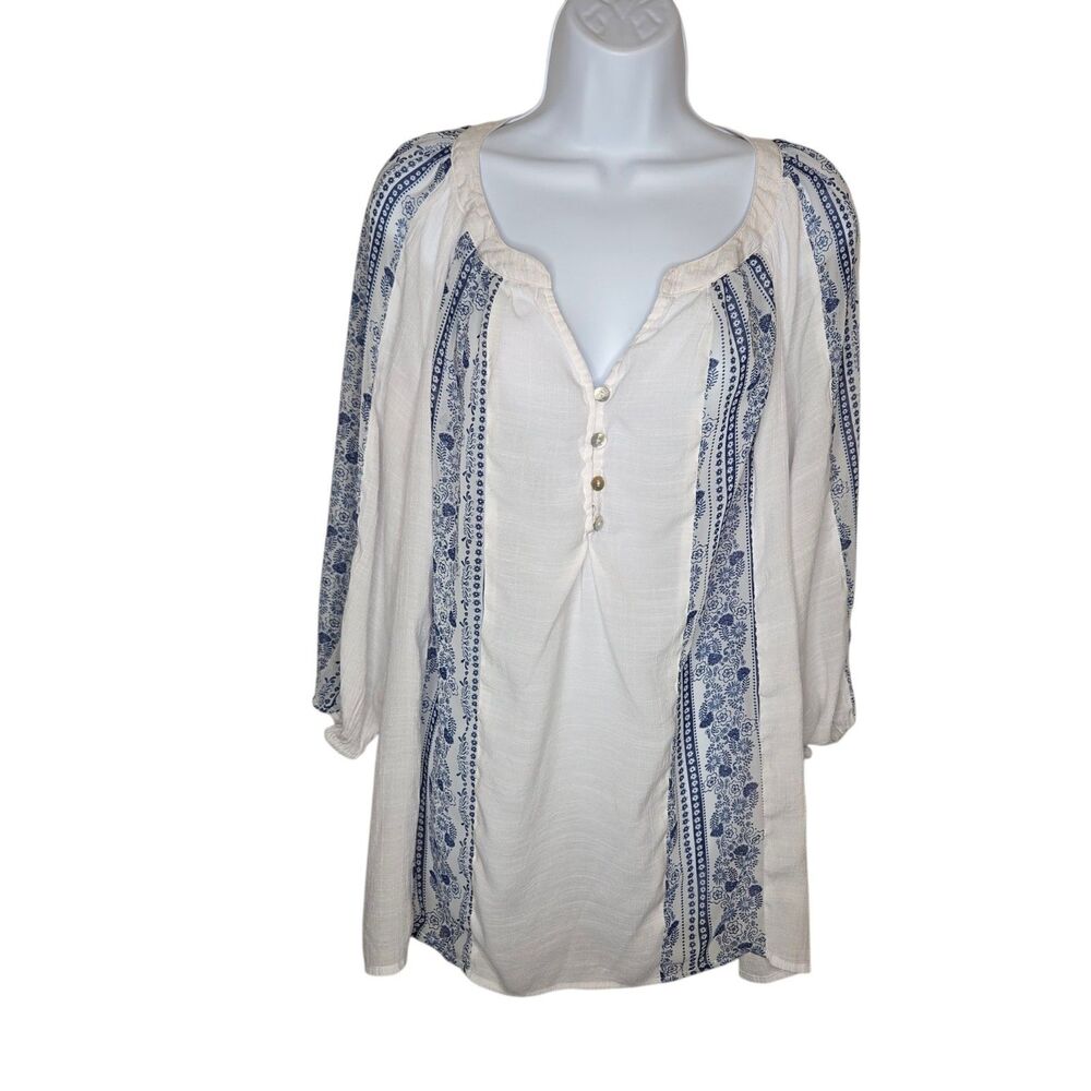 SARA MICHELLE Boho Embroidered Slub Henley Top White Blue Plus Size 2X